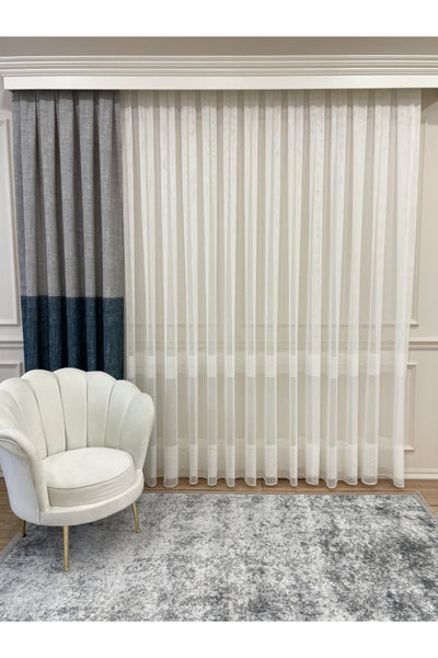 Modern 2-Row Banded Chainmail Look 1/2.5 Pleat - Ecru - Cream Sheer Curtain