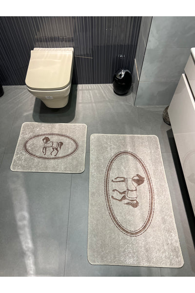 Black Horse Pattern 2-Piece Leather Base Bathroom Mat Set (60x100 - 60x50)
