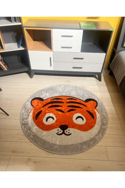 Tiger Patterned Round Washable Children's Baby Rug - Grey