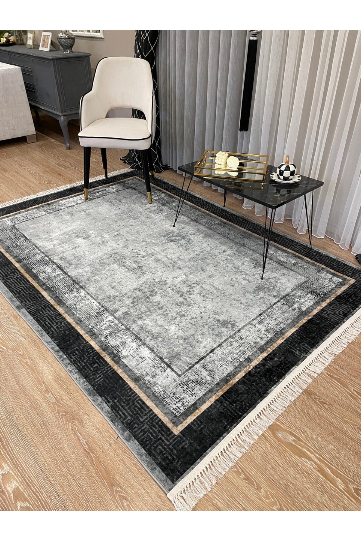 Vilmar Modern Striped Latex Leather Base Fringed Rug - Beige