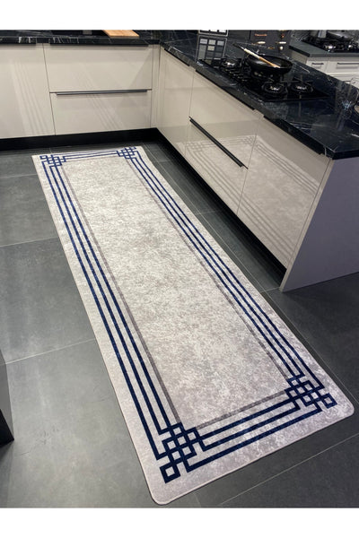 Geometric Gradient Chenille-Look Latex Non-Slip Base Stain-Resistant Fringeless Rug - Navy/Gray