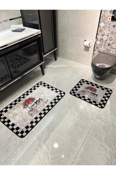 2'li Parfüm Şişesi Damalı Yıkabilir Banyo Paspas Takımı (60x100 - 60x50) Gri