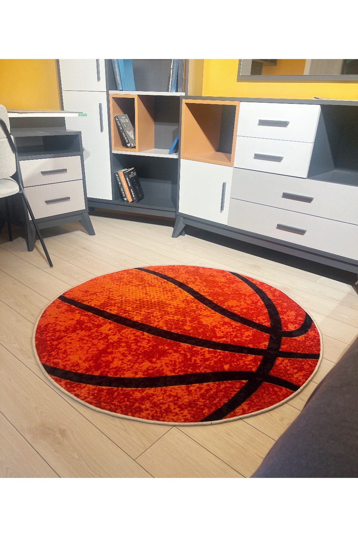 Basketball Pattern Washable Round Kids Youth Rug - Orange