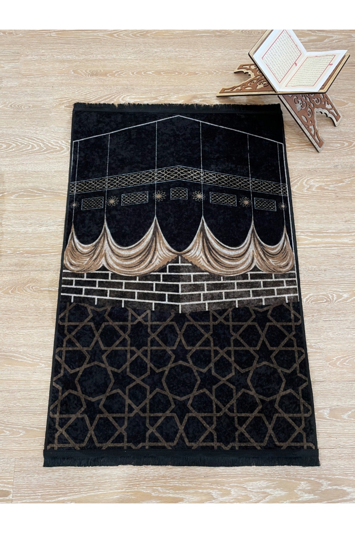 Fringed Prayer Rug (Latex Base) 75x125 Size - Black