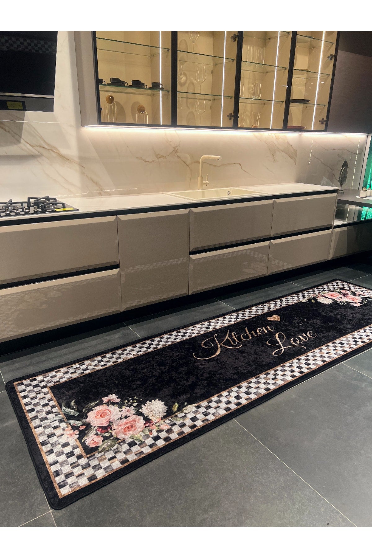 New Collection Özel Kalın Kaymaz Tabanlı Kitchen Love Yazılı Mutfak Halısı - Siyah