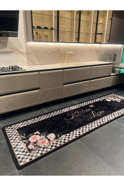 New Collection Özel Kalın Kaymaz Tabanlı Kitchen Love Yazılı Mutfak Halısı - Siyah