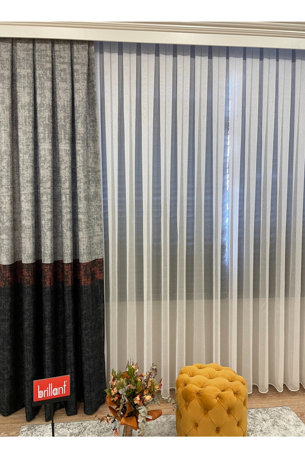 Linen Base Modern Striped Pattern 1/2.50 Pleated Blackout Curtain