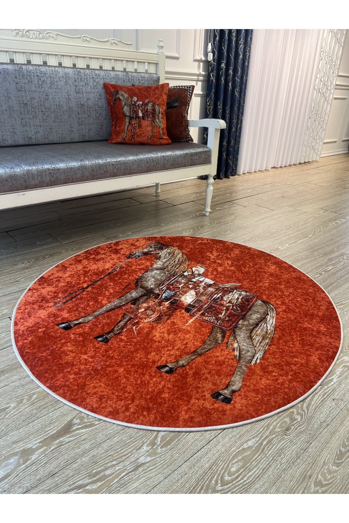 Horse Pattern Latex-Backed Round Rug