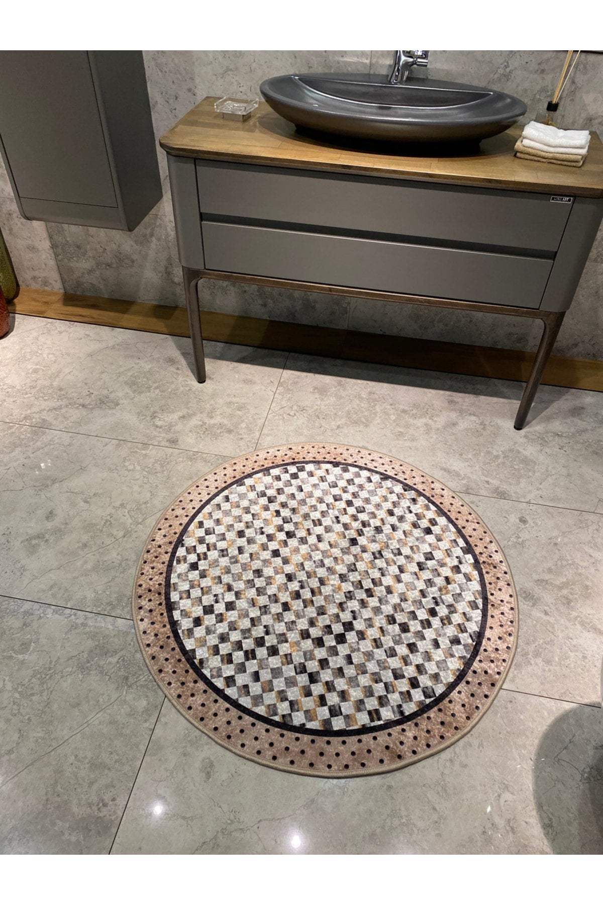 Robert Blue Diamond Pattern Fringeless Round Bathroom Mat - Blue Size 100x100