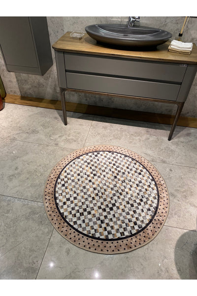 Robert Blue Diamond Pattern Fringeless Round Bathroom Mat - Blue Size 100x100