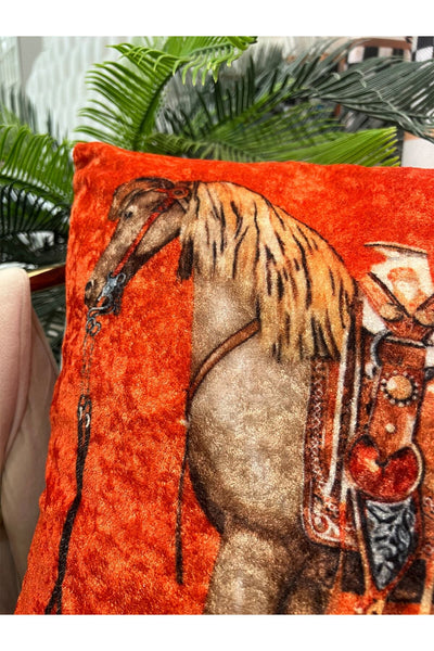 %100 Velvet Horse Print Cushion Cover (Orange) 45x45