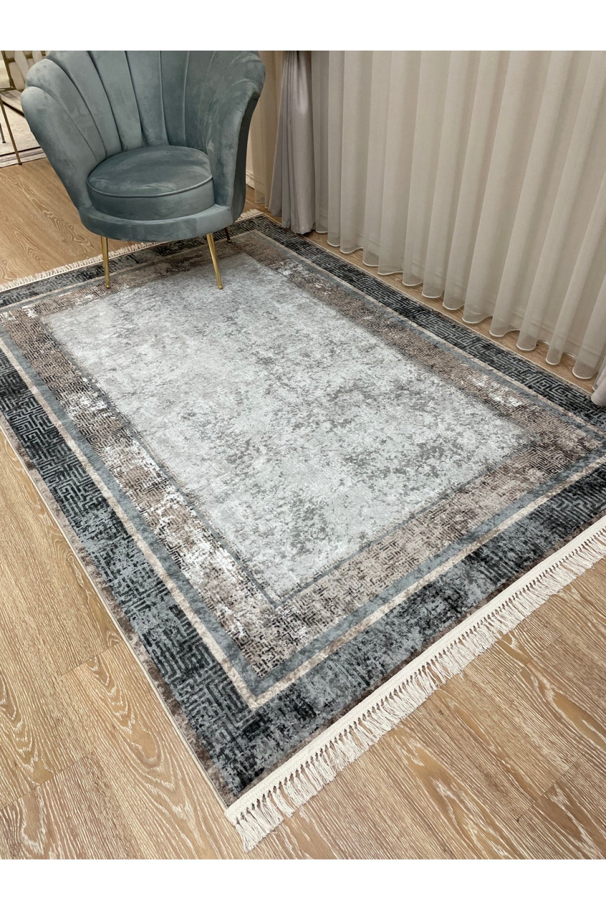 Vilmar Modern Striped Latex Leather Base Fringed Rug - Beige
