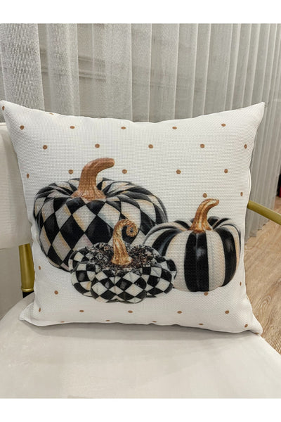 Balkabağı Desenli Keten Görünümlü Kırlent Yastık Kılıfı (EKRU-SİYAH) 45x45