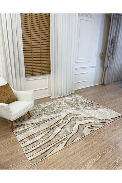 Dalgalı Desen 3 Boyutlu Lateks Taban Halı - Bej - Kahve