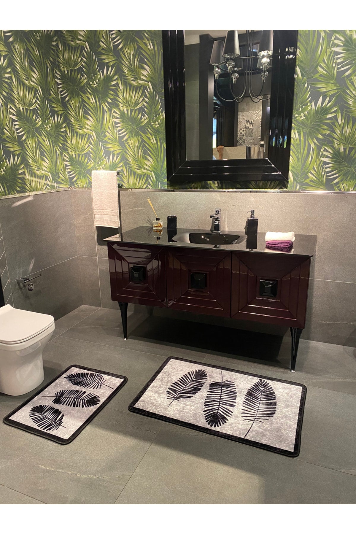 Haven Yaprak Desenli 2'li Kaymaz Taban Su Geçirmez Banyo Paspas Takımı (60x100 - 60x50) Bej
