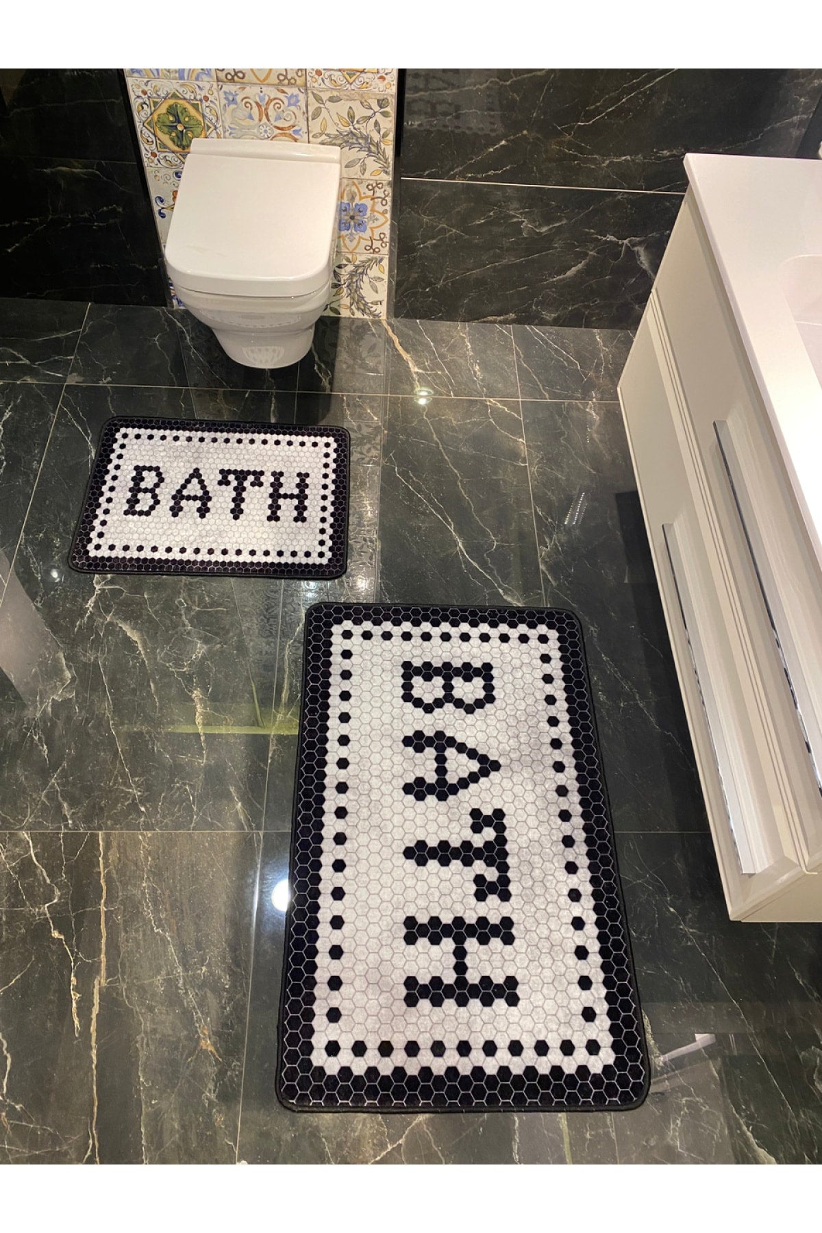 "Black Bath" Print 2-Piece Non-Slip Waterproof Bathroom Rug Set (60x100 - 60x50) Gray