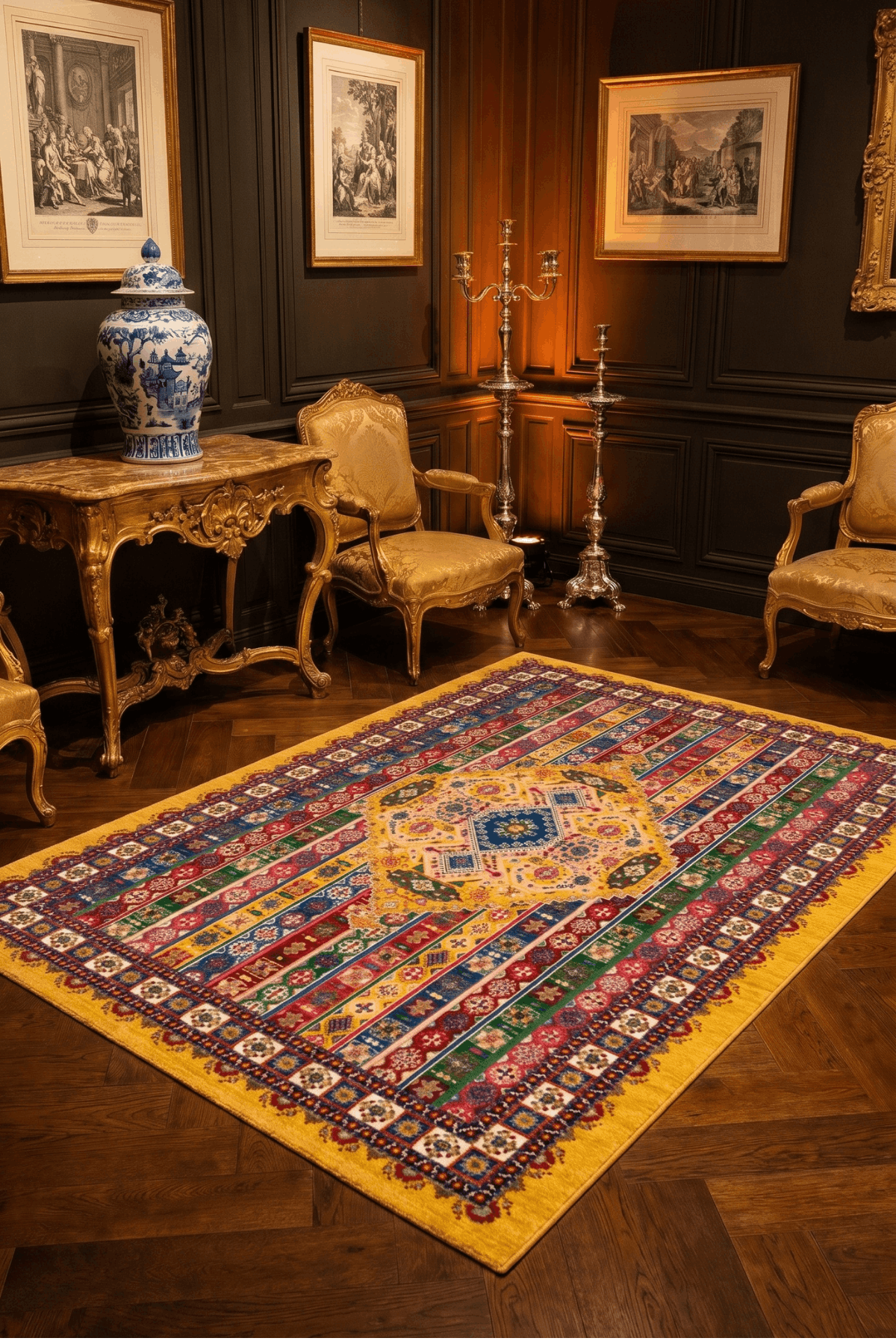 Washable Printed Calist Rug - Traditional Striped Medallion