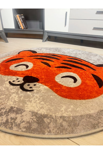 Tiger Patterned Round Washable Children's Baby Rug - Grey
