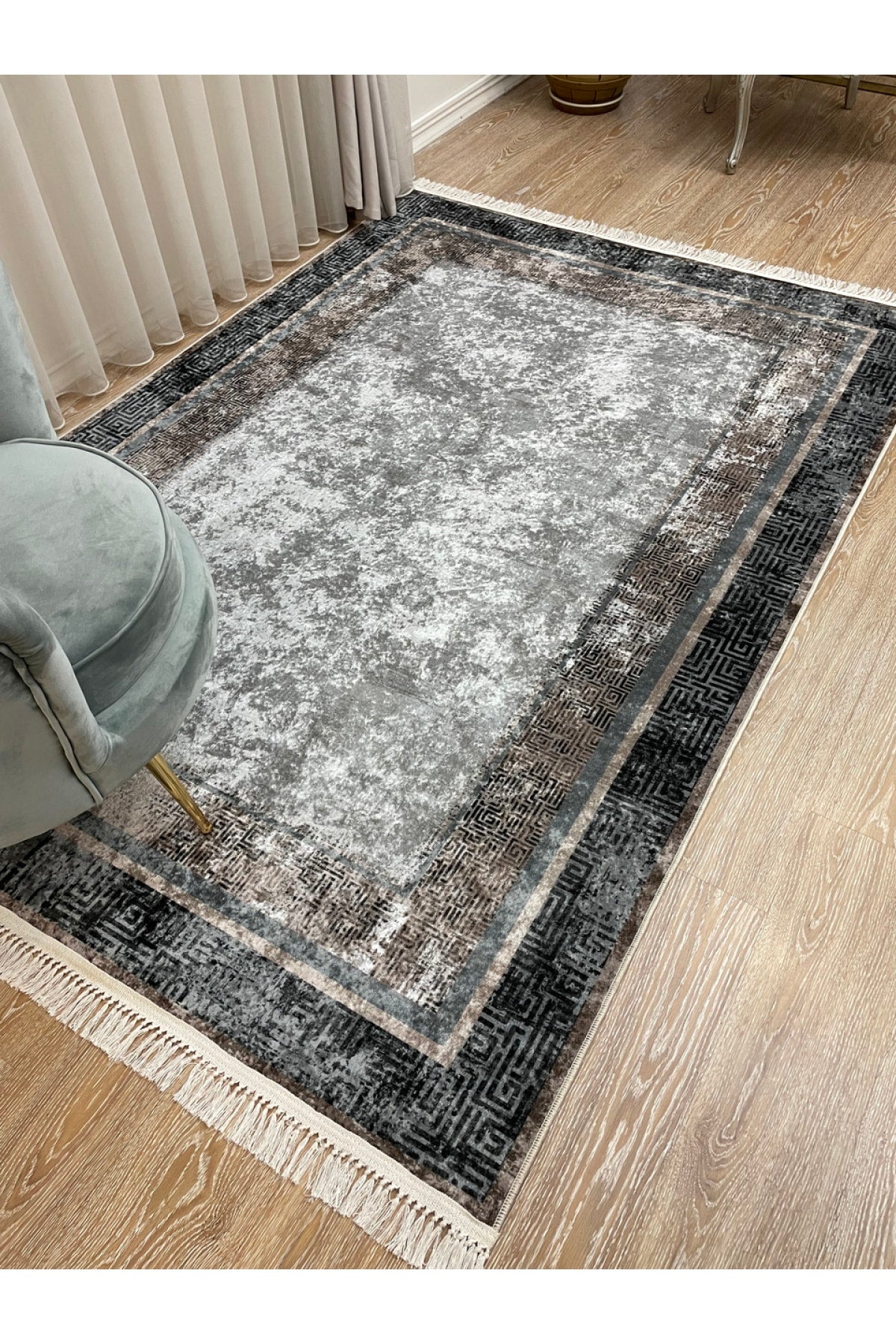 Vilmar Modern Striped Latex Leather Base Fringed Rug - Beige