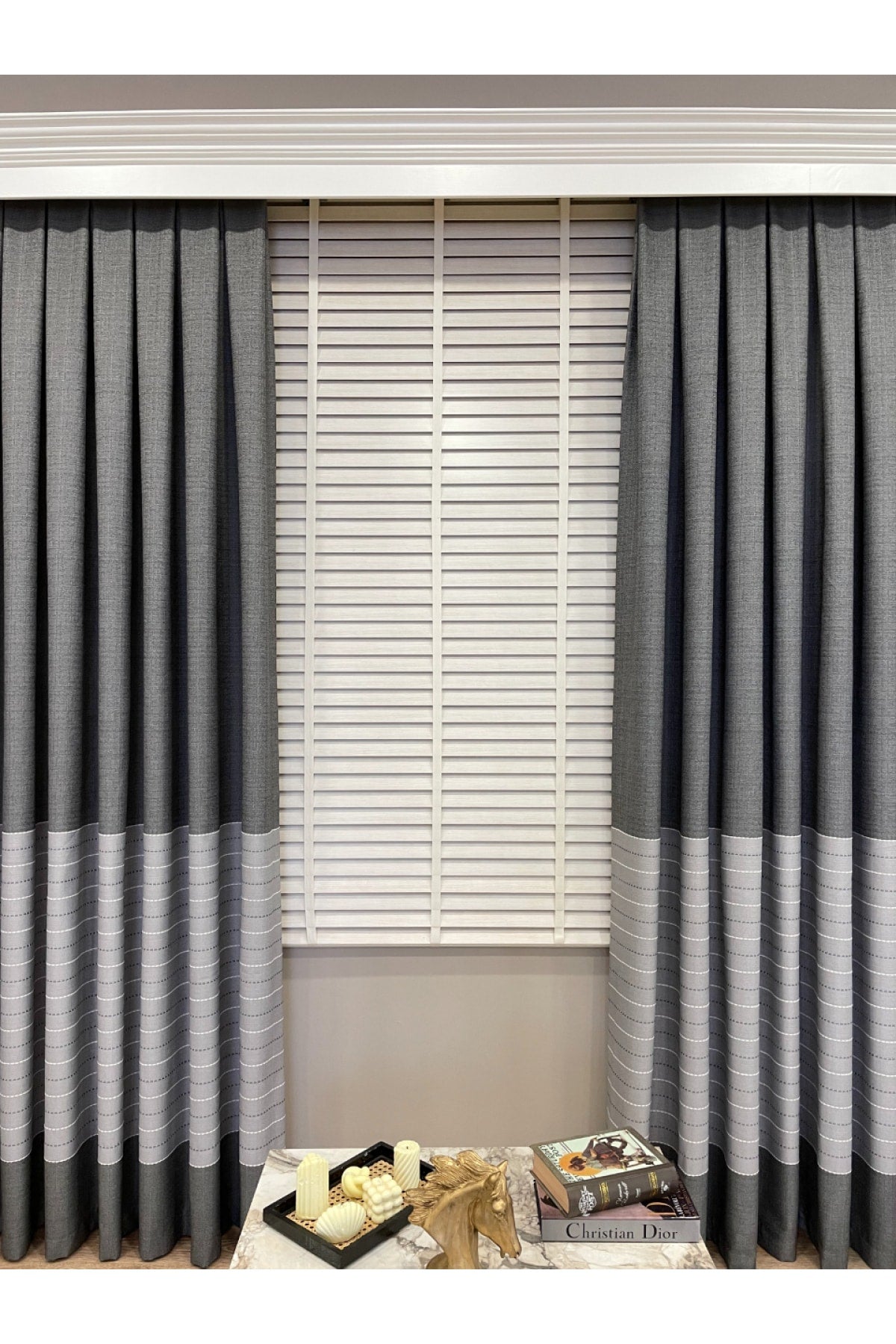 Jacquard 1/3 Dense Pleat Striped Modern Panel Print Blackout Curtain - Light Gray