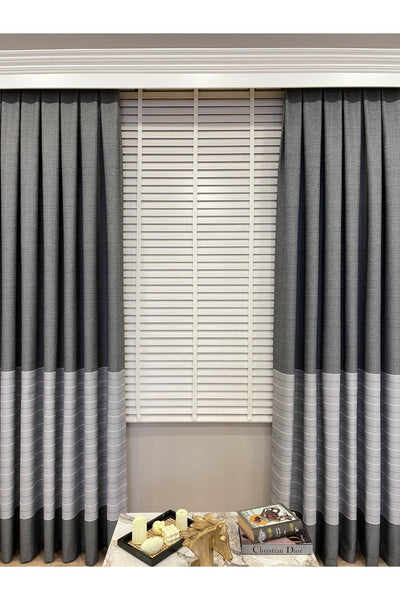 Jacquard 1/3 Dense Pleat Striped Modern Panel Print Blackout Curtain - Light Gray