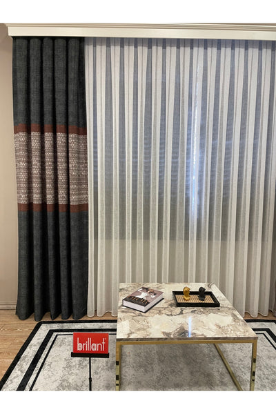 Keten Zemin Batik Desen 1/2,50 Pile Fon Perde - Antrasit Gri
