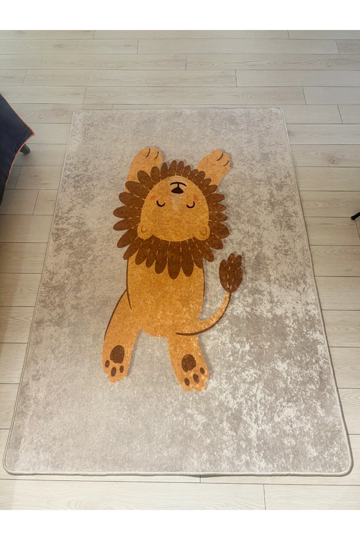 Lion Patterned Washable Kids Baby Rug - Beige Brown