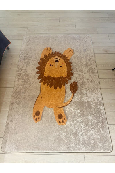 Lion Patterned Washable Kids Baby Rug - Beige Brown