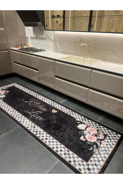 New Collection Özel Kalın Kaymaz Tabanlı Kitchen Love Yazılı Mutfak Halısı - Siyah