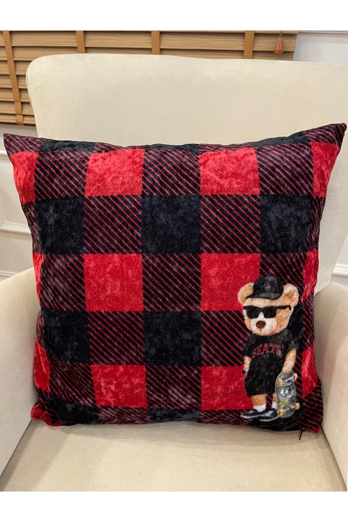 %100 Velvet Teddy Bear Print Cushion Cover - Red-Black (45X45)
