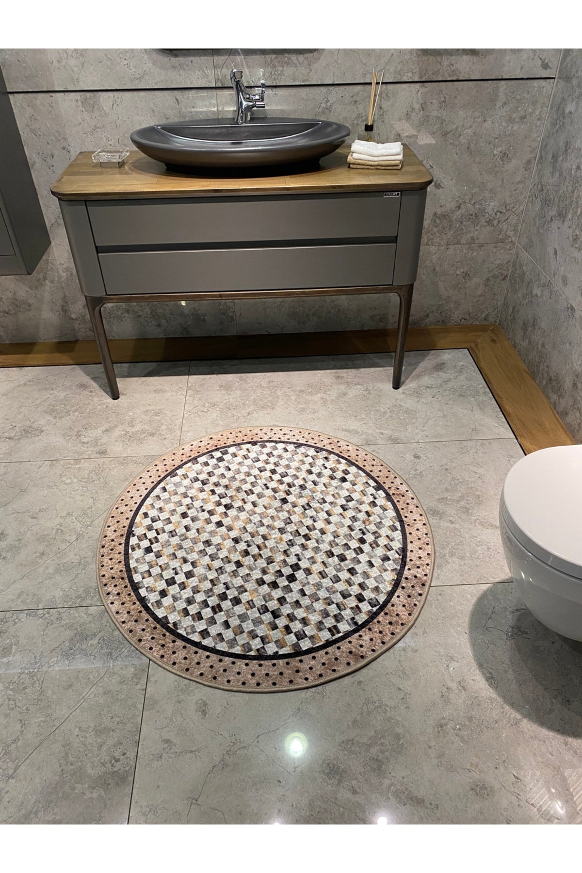 Robert Blue Diamond Pattern Fringeless Round Bathroom Mat - Blue Size 100x100