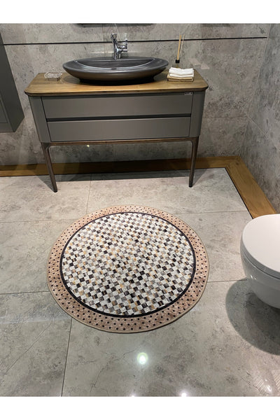 Robert Blue Diamond Pattern Fringeless Round Bathroom Mat - Blue Size 100x100