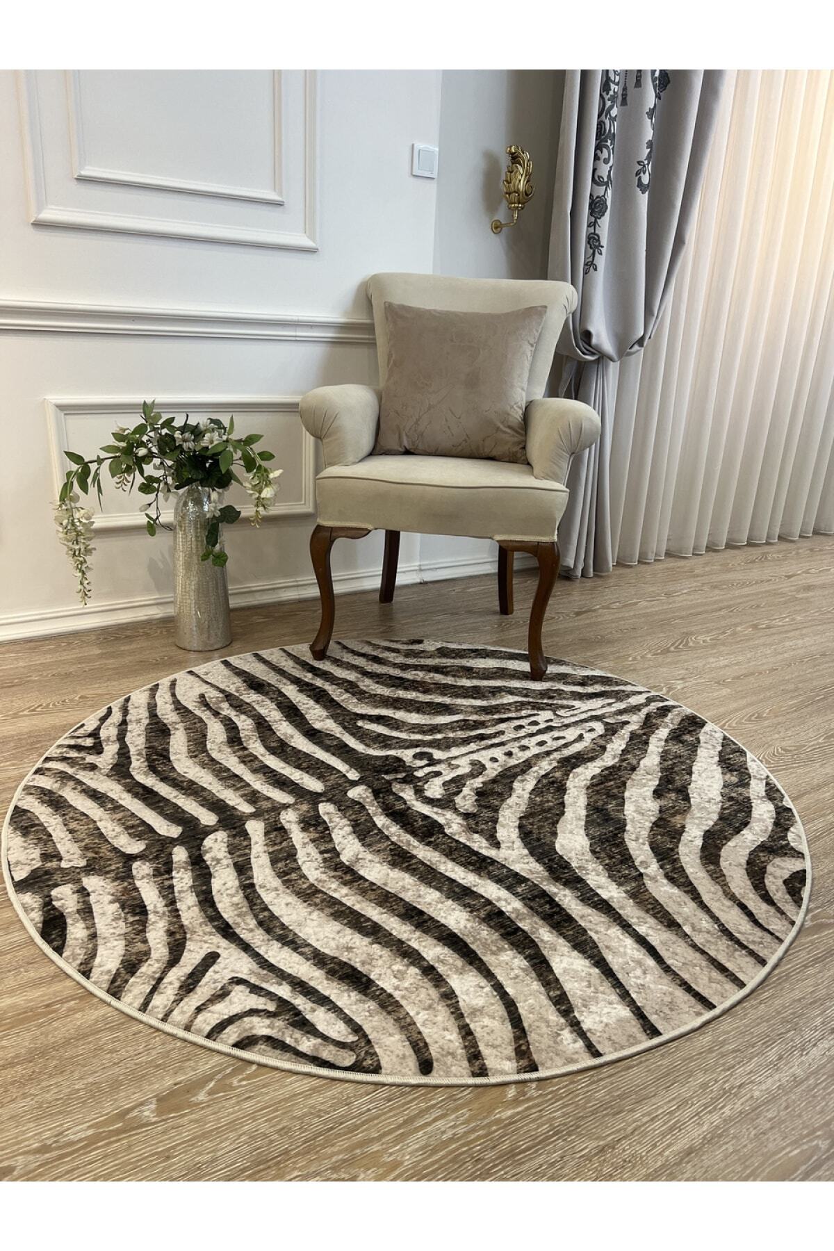 Zebra Print Round Black - Gray Decorative Rug