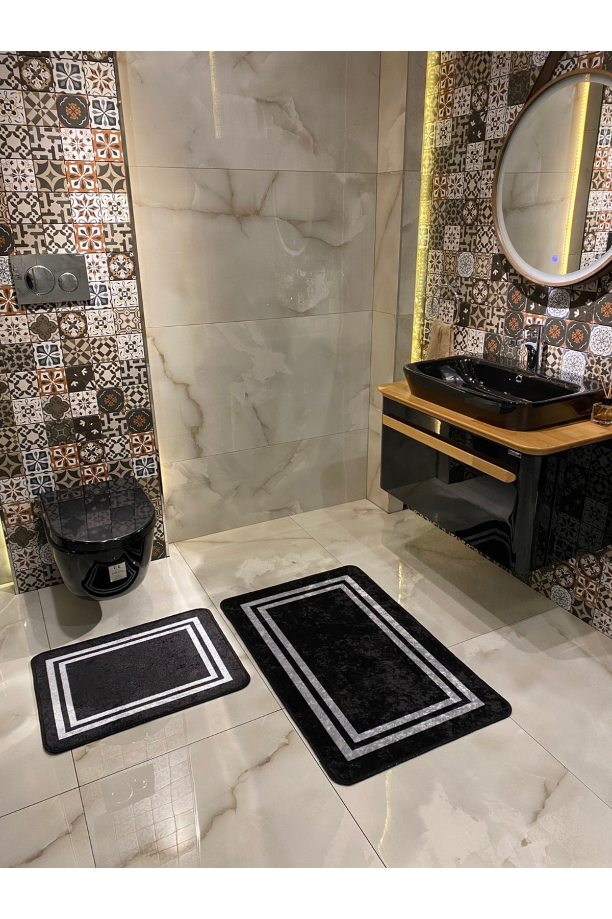 Tracy 2-Piece Latex Base Bathroom Mat Set - (SIZE 60X100 60X50) Black