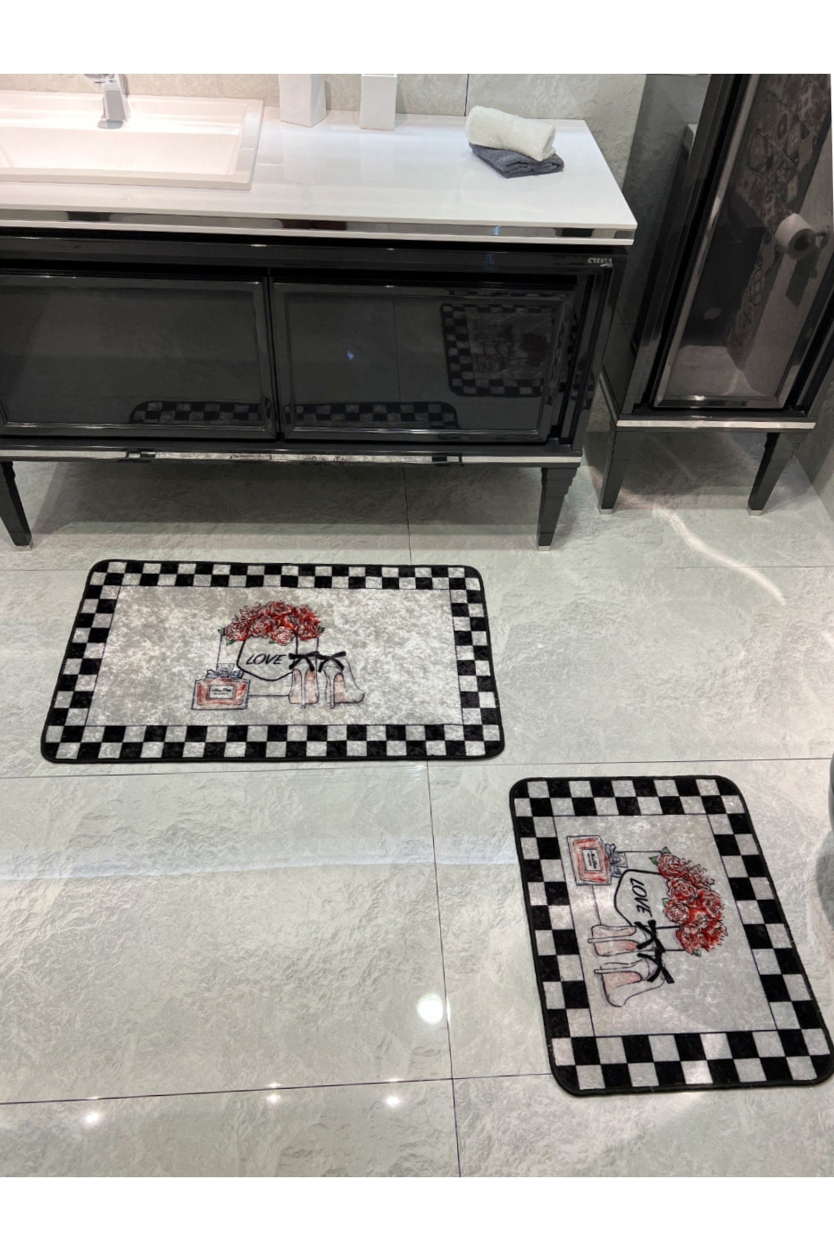 2'li Parfüm Şişesi Damalı Yıkabilir Banyo Paspas Takımı (60x100 - 60x50) Gri