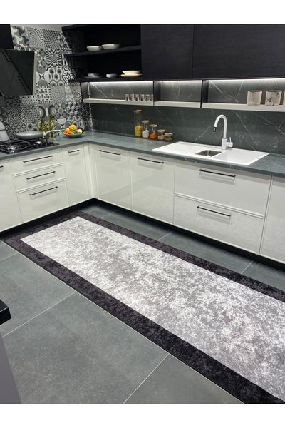 Geometric Striped Latex Leather Backing Fringeless Kitchen Rug - Gray-Black