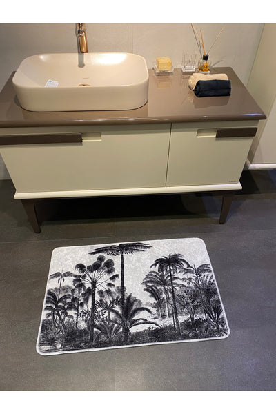 Karakalem Manzara Görünümlü Deri Tabanlı Banyo Paspası - (ebat 60x90 ) Krem
