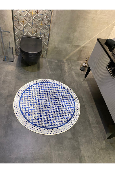 Robert Blue Diamond Pattern Fringeless Round Bathroom Mat - Blue Size 100x100