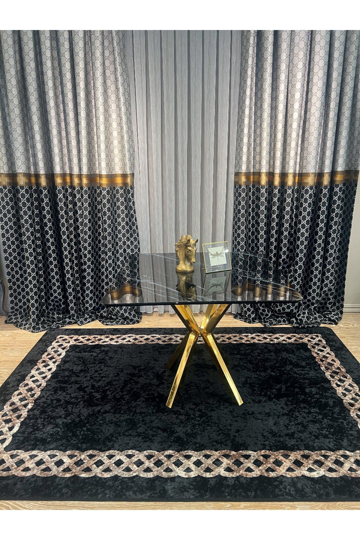 Chain Patterned Gray - Black Decorative Rug