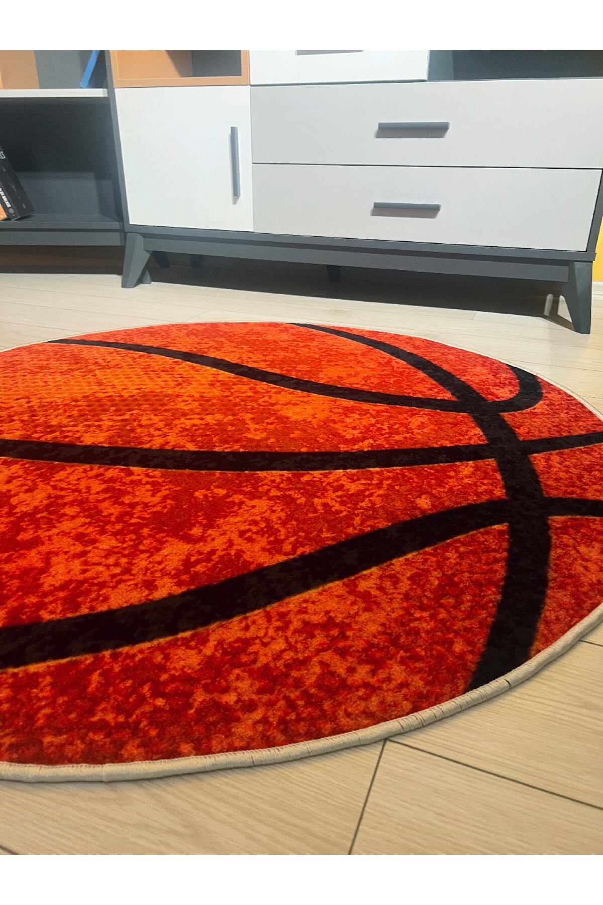 Basketball Pattern Washable Round Kids Youth Rug - Orange
