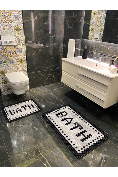 "Black Bath" Print 2-Piece Non-Slip Waterproof Bathroom Rug Set (60x100 - 60x50) Gray