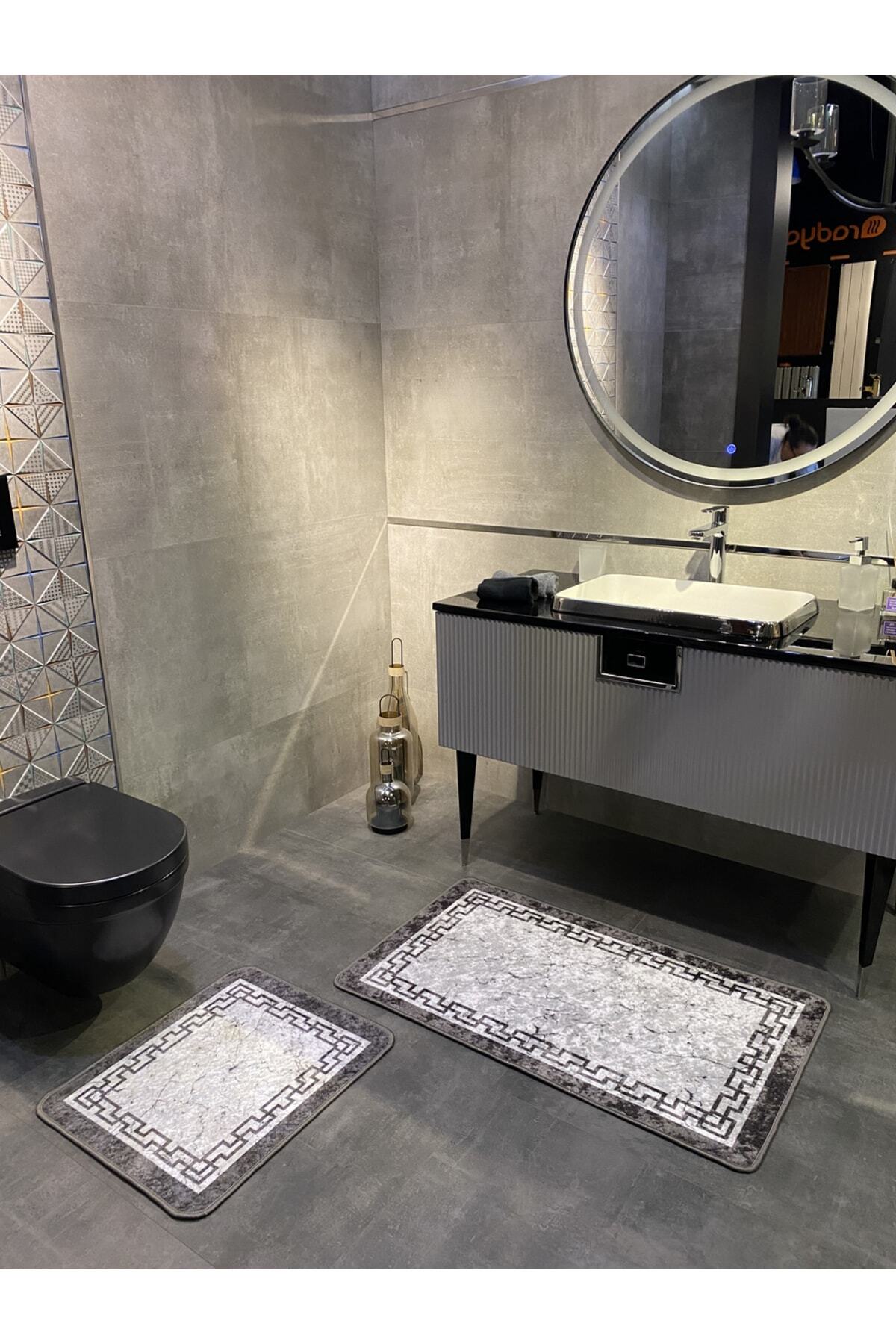 Linaro 2-Piece Latex Non-Slip Waterproof Bathroom Mat Set (60x100 - 60x50) Gray