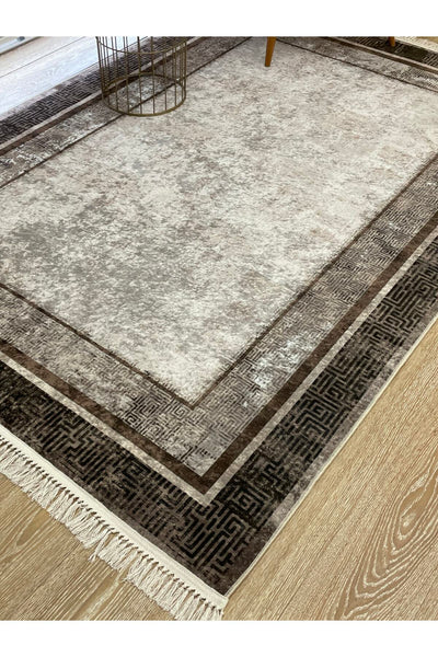 Vilmar Modern Striped Latex Leather Base Fringed Rug - Beige