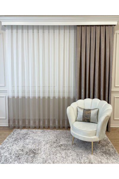 Modern Geçişli 1/2,5 Pile - Ekru Kahvrengi / Pudra Çizgili Tül Perde