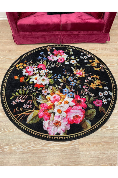 Floral Pattern Decorative Leather-Backed Round Rug - Black