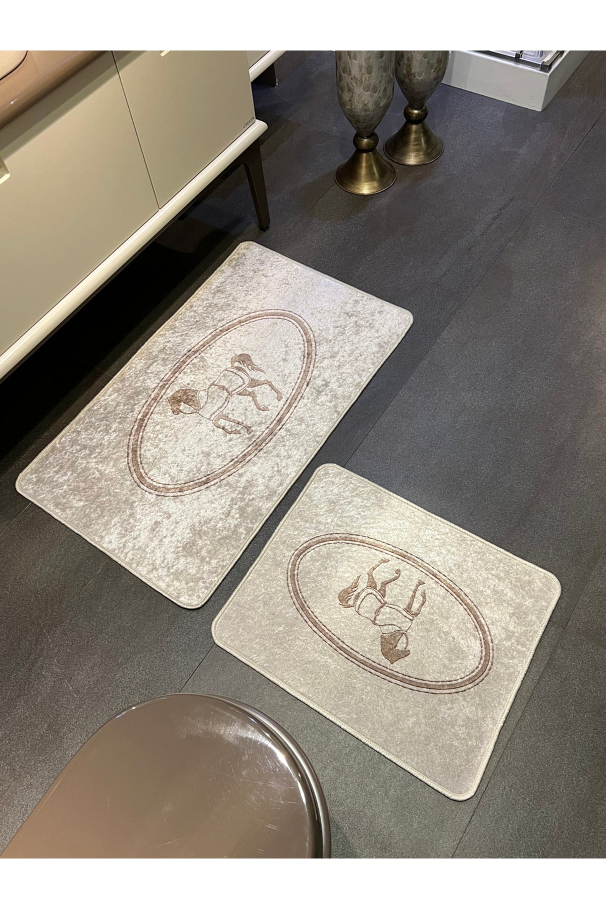 Black Horse Pattern 2-Piece Leather Base Bathroom Mat Set (60x100 - 60x50)