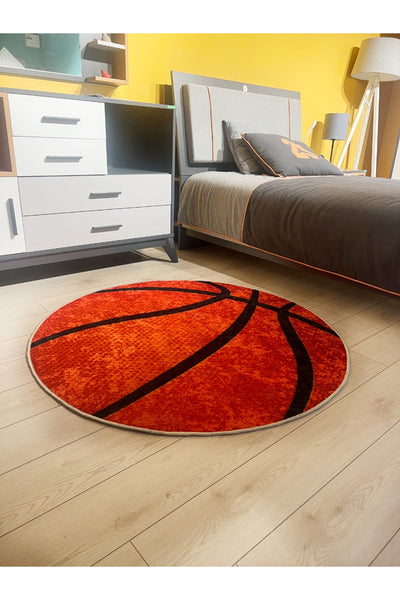 Basketball Pattern Washable Round Kids Youth Rug - Orange