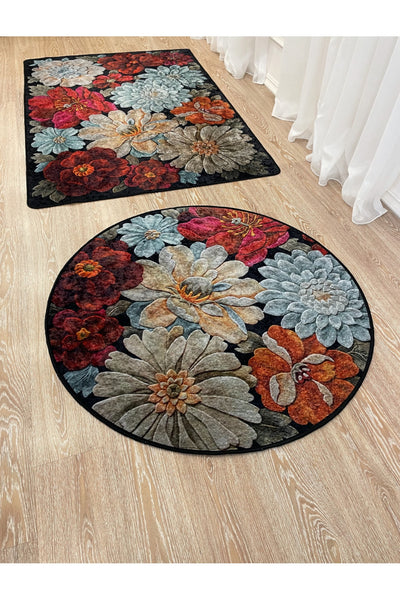 Floral Pattern Washable Decorative Round Rug - Gray