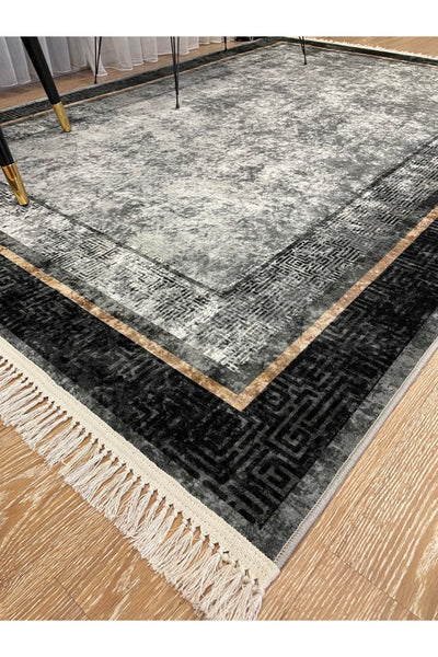 Vilmar Modern Striped Latex Leather Base Fringed Rug - Beige