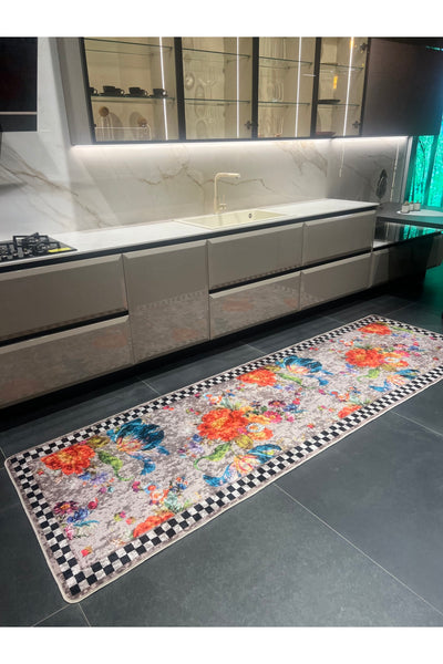 Checkered Floral Latex Non-Slip Base Kitchen Rug - Mink Brown